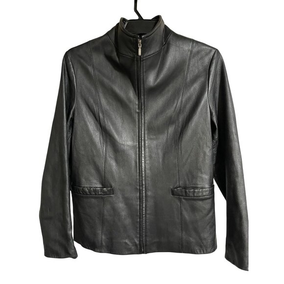 JLC New York Womens Black Leather Jacket Size Medium Modern Zip Up Fully Lined - Picture 1 of 8